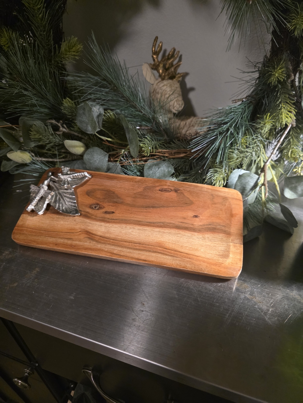 Wooden Serving Board with Silver Bee Accent 11 X 5